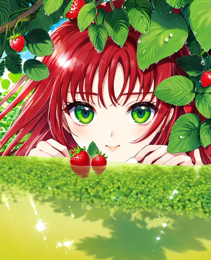 "Create an anime-style close-up artwork of a girl with red hair and striking green eyes in a strawberry garden. Her eyes should be detailed and high-quality, reflecting the vibrant hues of ripe strawberries around her. The background should showcase rows of lush green plants with juicy red strawberries, under a sunny sky dappled with soft clouds. The girl's expression should convey joy and fascination as she interacts with the strawberries, capturing a moment of serene happiness in the garden."