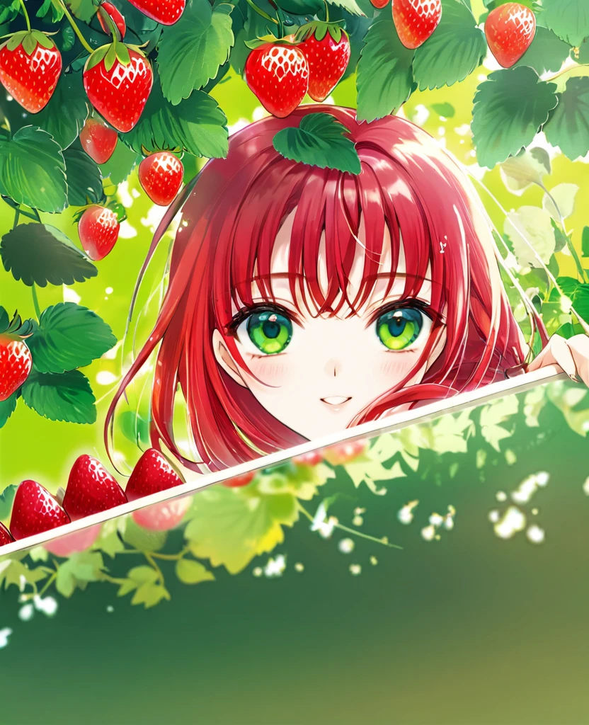 "Create an anime-style close-up artwork of a girl with red hair and striking green eyes in a strawberry garden. Her eyes should be detailed and high-quality, reflecting the vibrant hues of ripe strawberries around her. The background should showcase rows of lush green plants with juicy red strawberries, under a sunny sky dappled with soft clouds. The girl's expression should convey joy and fascination as she interacts with the strawberries, capturing a moment of serene happiness in the garden."