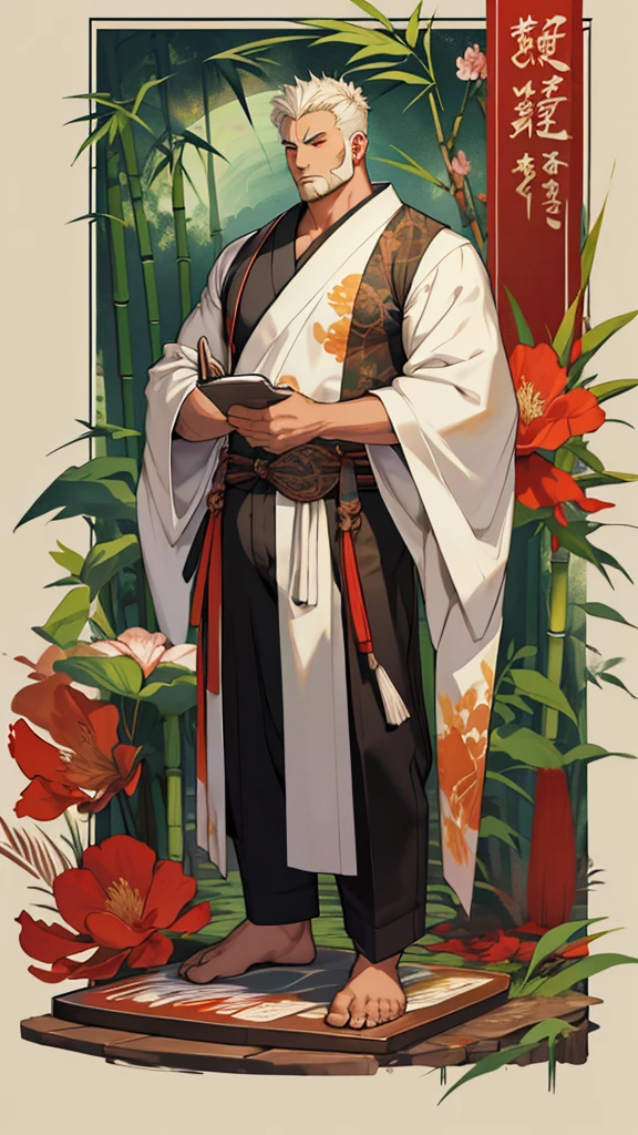 Bamboo flower notebook painting style, Big Buddha VTuber, muscular body, Full body shot