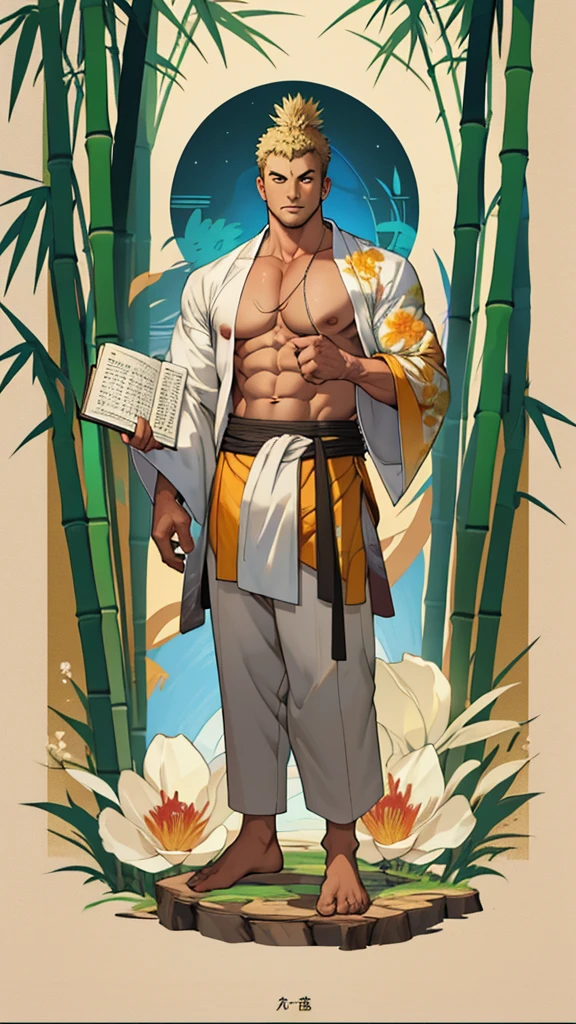 Bamboo flower notebook painting style, Big Buddha VTuber, muscular body, Full body shot