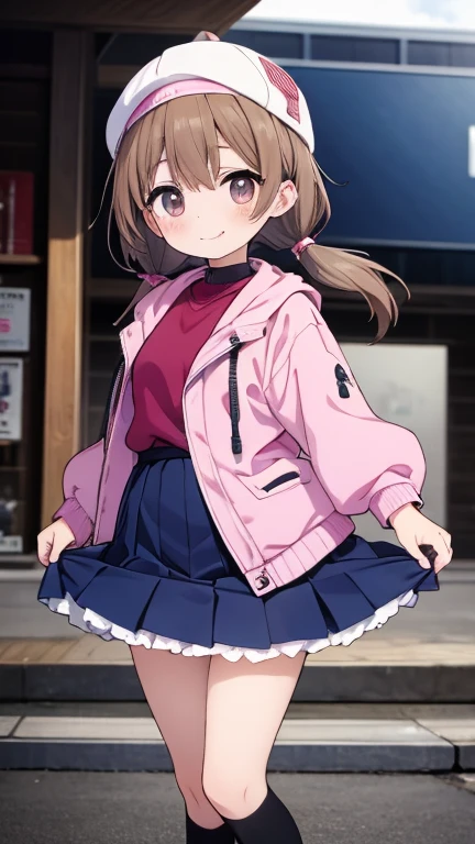 ((on the screen of smartphone camera app frame))viewfinder, azusawa kohane,project sekai,skirt lift bymyself,panties shot,glowing pussy,expressionless,facing down,drooling,wariza,light brown hair,short twintails,backwards hat,open pink jacket,grey inner blue skirt,black knee-high socks,smile,solo,cowboy shot,graffiti,