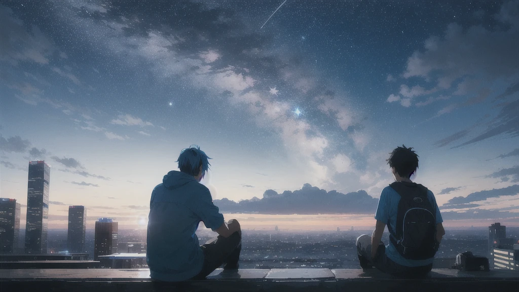 evening,暗いnight空,Octane, star (null), scenery, Blue parakeet,Acoustic guitar,star, night, One Boy, Back view,night, alone, Outdoor, Blue parakeet,building, cloud, milky way, Sitting,city, silhouette
