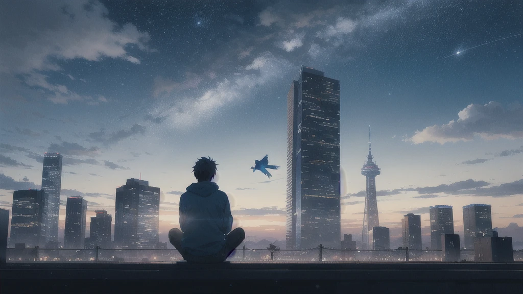 evening,暗いnight空,Octane, star (null), scenery, Blue parakeet,Acoustic guitar,star, night, One Boy, Back view,night, alone, Outdoor, Blue parakeet,building, cloud, milky way, Sitting,city, silhouette