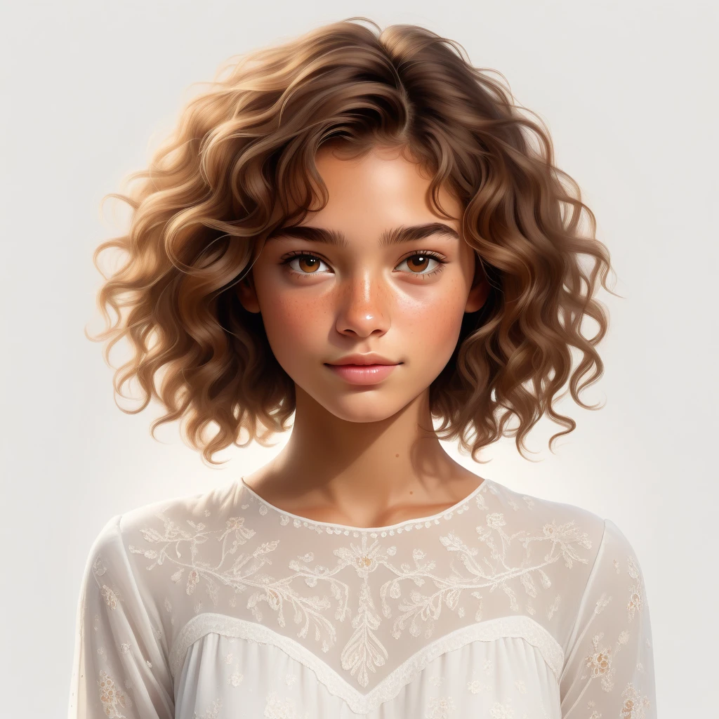 digital illustration of a teenage girl, faint smile, with short, curly, messy and brown hair, tanned light-brown skin, freckles, wearing a long-sleeved white dress, white background, masterpiece quality, ultra HD, 4K.