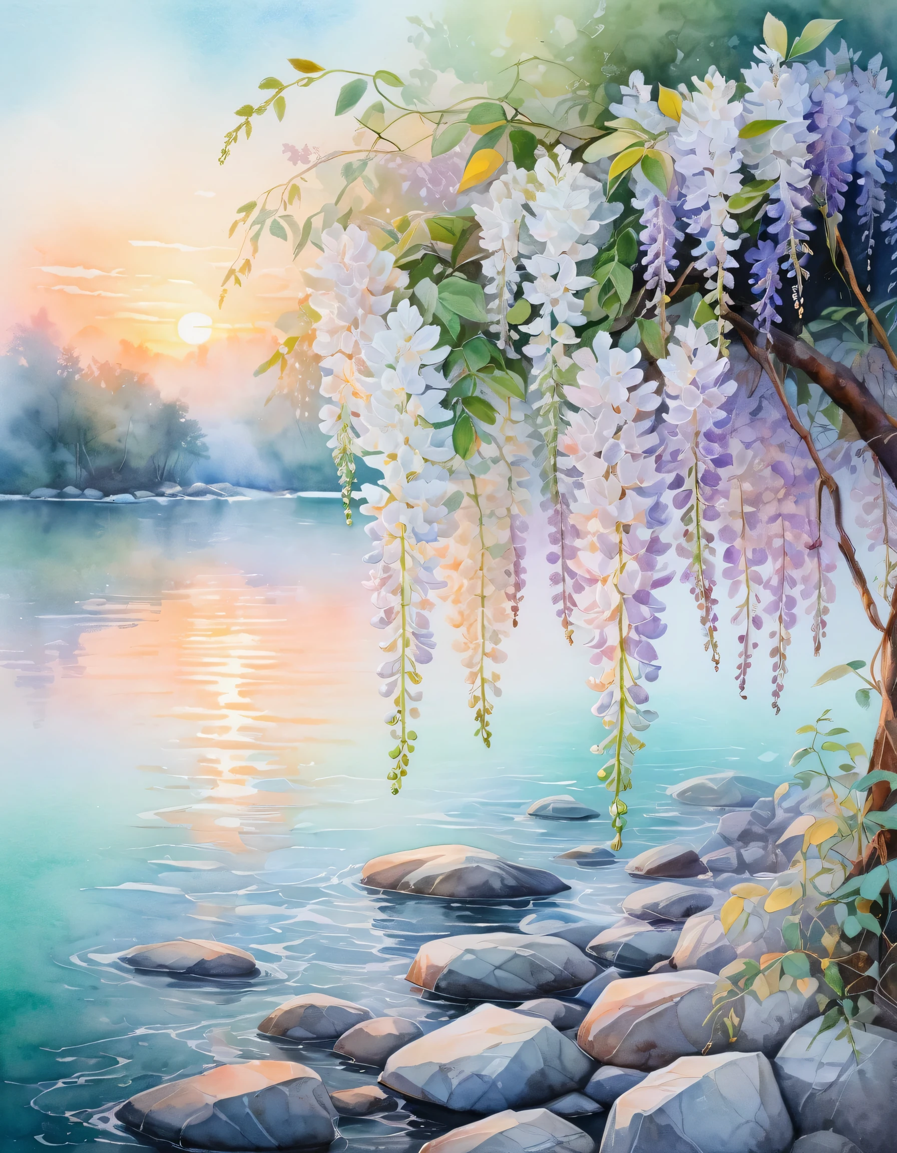 delicate white blooming wisteria on the shore,  mint lake with waves, white granite stones, Pastel shades, peach sunset, fog, Stepan Kolesnikov, watercolor,  glow