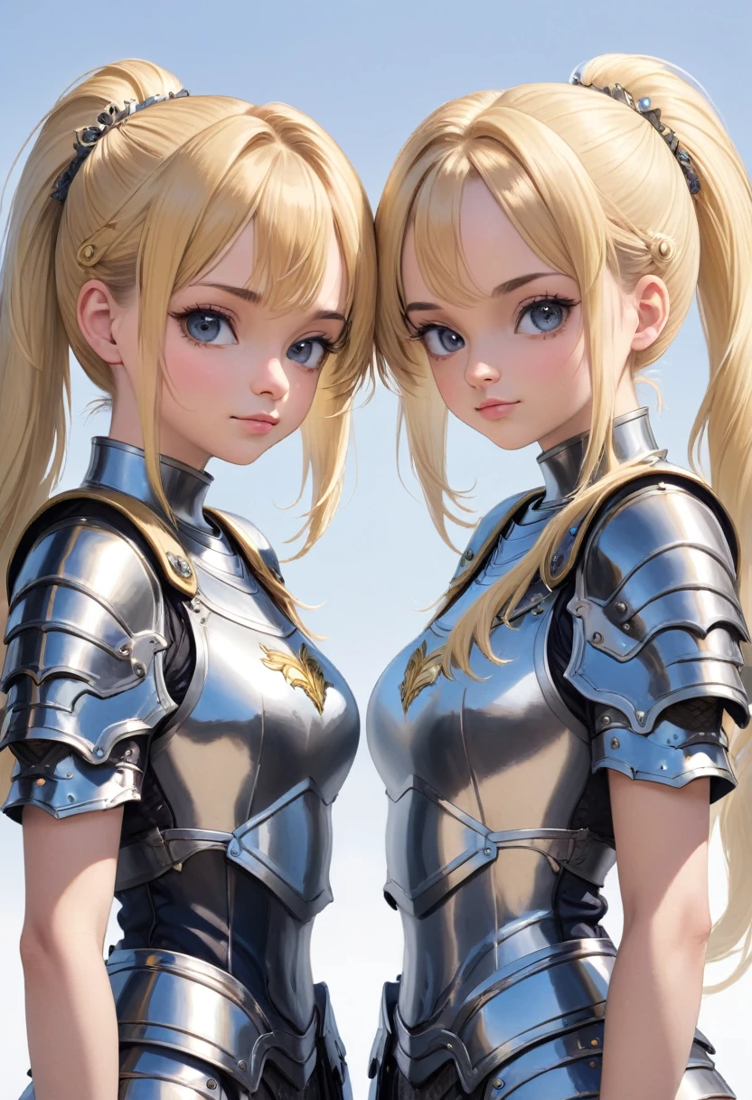 Masterpiece,best quality,ultra detailed, Two women, blonde, ponytailed, twins, identical faces, one wearing beautiful armor, one wearing a silly t-shirt, standing side by side, upper body, image divided by a line in the middle,