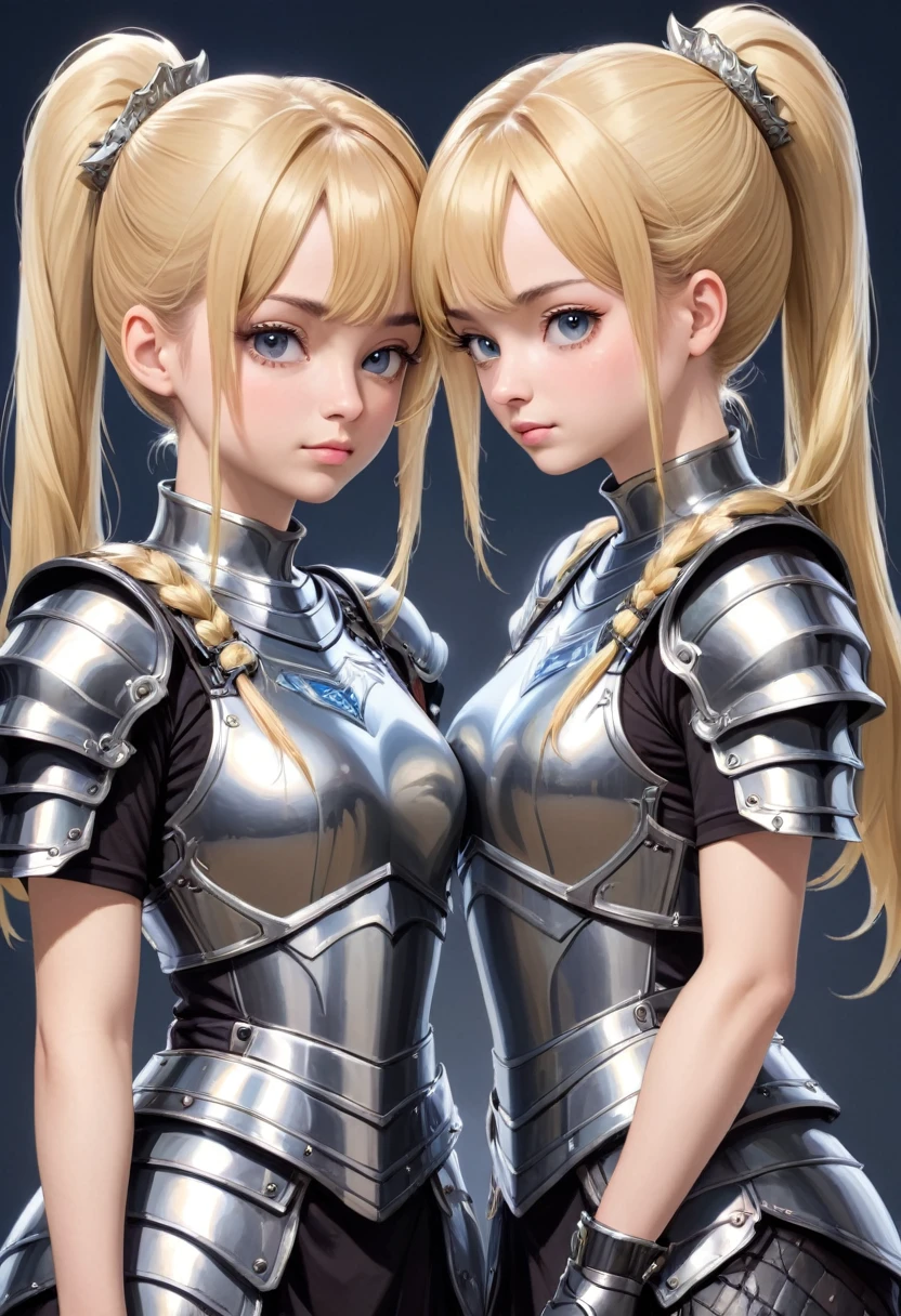 Masterpiece,best quality,ultra detailed, Two women, blonde, ponytailed, twins, identical faces, one wearing beautiful armor, one wearing a silly t-shirt, standing side by side, upper body, image divided by a line in the middle,