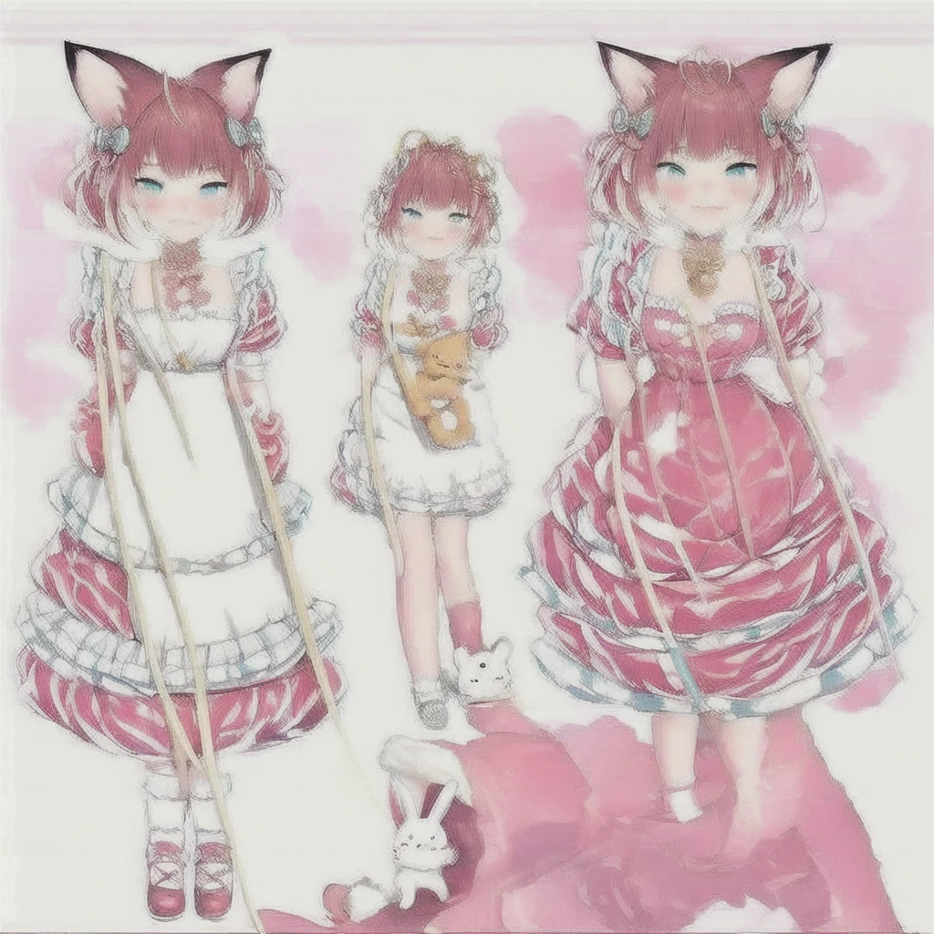 1. ears: The bunny has long ones, Soft ears, that are always sticking out, like two fluffy bars. The ears are covered with silky white hair with pink tips, which makes them look like delicate flower petals. When she's embarrassed or happy, ears start to flutter, which adds even more charm to her.
2. eyes:eyes большие и выразительные, like two deep turquoise lagoons. Their shape is almond-shaped, with long and thick lashes, which makes her look tender and naive. Her eyes glow in a soft light in the dark, as if radiating warmth and kindness.
3. wool: Her coat is snow-white and fluffy, like fresh snow. It is very soft to the touch and is always clean and well-groomed. She has a slight pink blush on her cheeks, and the hair on the chest and abdomen is slightly longer and fluffier, creating the effect of a down dress.
4. tail:tail короткий и пушистый, like a little pompom. He always trembles a little bit, when a bunny is excited or happy, which adds playfulness and dynamics to her image.
1. Bunny dress wears a cute ta dress, decorated with lace and ruffles. Soft pink dress, with white floral patterns on the edges. The hem of the dress is fluffy, thanks to several layers of fabric, and moves freely with every step she takes.
2. shoes: She has neat white shoes with pink ribbons on her feet. They are decorated with small bows and pearl beads, what gives shoes a sophisticated look.
3. accessories: She wears a headband with big pink bows on her head, that highlight her ears. She has a small heart-shaped pendant around her neck, given to her by her best friend. On the wrists are thin bracelets with small pendants in the form of stars and flowers.
1. hair:hair у зайки длинные и волнистые, light caramel colors. They are always well-groomed and curl slightly at the ends. She likes to braid them in two braids or put them in a high ponytail, leaving a few strands to fall freely on the face
standing pose character sheet, different angles