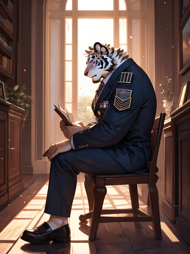 {{bara extremely handsome white tiger,}} {{white fur,}} white, wearing military like purple trench coat purple trousers and white dress shirt and necktie, white fluffy furry body and limbs, loafers, very tall, very broad shoulders, narrow waist, muscular arms, massive pecs, purple eyes, very long legs, sitting cross legged on swivel chair, reading file, sophisticated smart look, full body, sunlight casting over, slight side view, best quality, high quality, silver earring on left ear, dead stare, cold expression