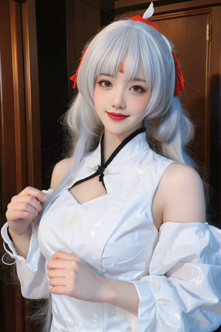 best quality, tmasterpiece,Ultra-high resolution,Clear face,(Reality:1.4),ferpect lighting,upper body photo), (photorealistic:1.50), anime wallpaper, Guviz style artwork, cover-up fantasy up to magic , by Yang J, Guviz, beautiful artwork illustration, beautiful digital artwork, beautiful digital illustration, Li Song, beautiful anime portrait, art style in Beauvot, 1girl,独奏, white hair, hair ornament, long hair, twintails, Double good, bangs, jewelry, Earring, blue eyes, Double eyelids, Blush, Cheeks flushed, smile, Chinese dress, white dress, ribbon, shiranui,