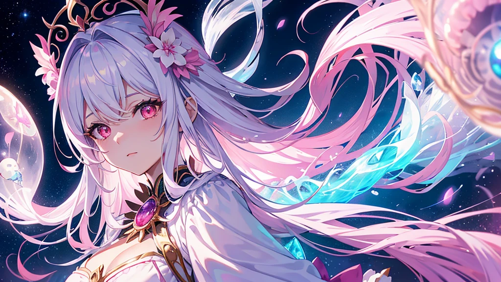 Close up of person in costume holding pink bow, beautiful celestial wizard, Astral Witch Clothes, heavenly aura, Cotton Cloud Mage Robe, mysterious art style, Celestial Essence, white haired god, Masterpiece Goddess of Sorrow, gear aurora, astral fairy, jellyfish gentleman maiden 8k, An aura that glows white, Shadowverse Style, moon themed outfit, pink wreath on head, red eyes