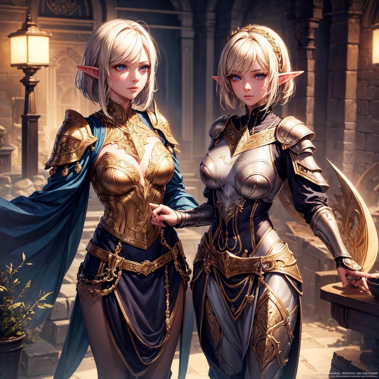 a girl, 1girl, elf, short bob gold hair, gold hair!!!, very small breasts, long pointed ears, blue eyes, fair skin, happy face, white heavy armor plate,  full body, full body, night, dark cave, light magic, very sexy body, detailed face, beautiful detailed eyes, beautiful detailed lips, extremely detailed eyes and face, long eyelashes, detailed clothing, intricate details, highly detailed, photo realistic, 8k, best quality, masterpiece, cinematic lighting, dramatic lighting, vibrant colors, fantasy, digital art, concept art