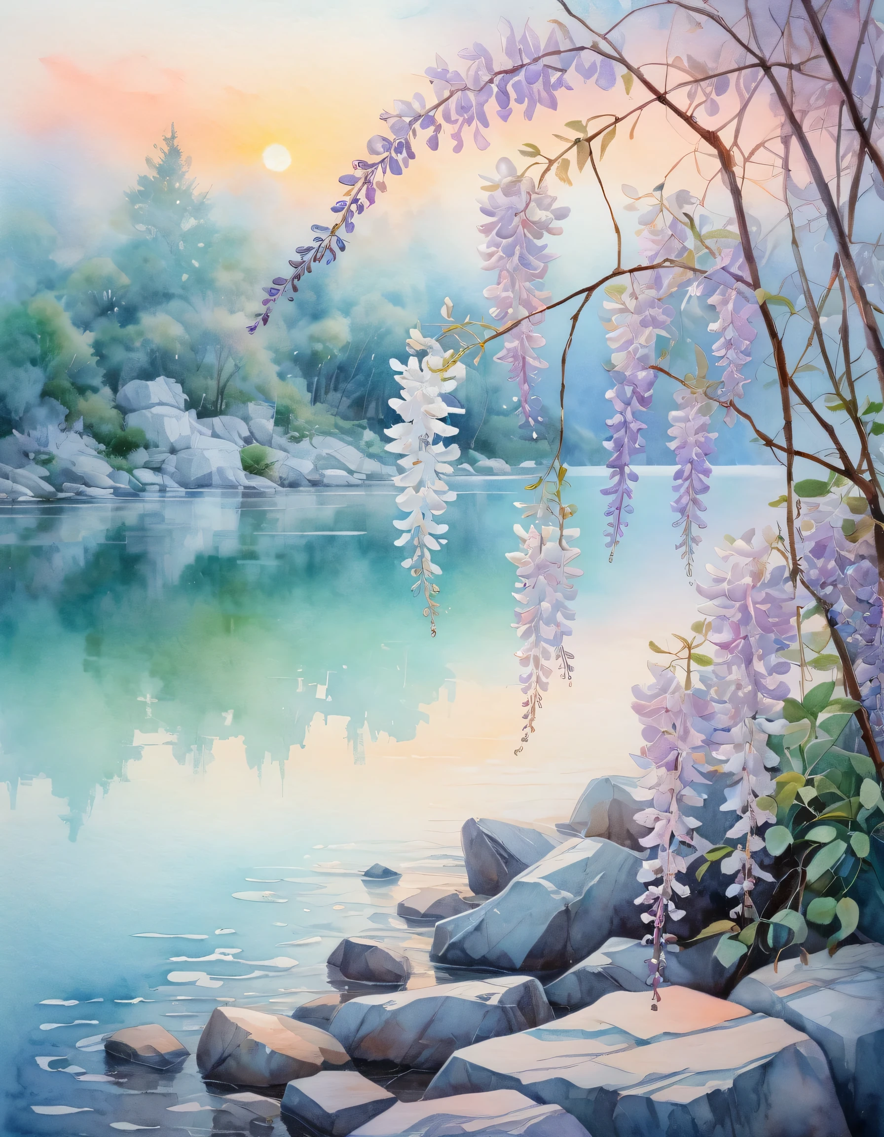 delicate white blooming wisteria on the shore,  mint lake with waves, white granite stones, Pastel shades, peach sunset, fog, Stepan Kolesnikov, watercolor,  glow