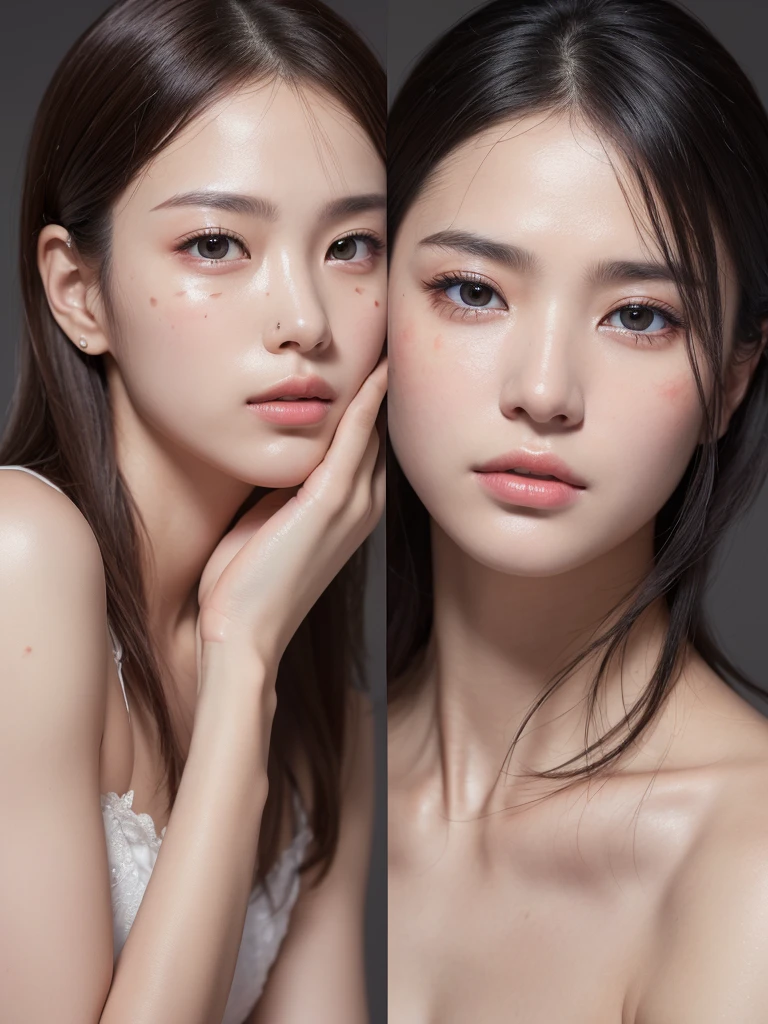 (RAW Photos, Highest quality), (Realistic, Like the picture: 1.3), Highest quality, Very detailed, (Skin blemishes:1.2), (Skin dents), Ultra-detailed,Photorealistic, masterpiece, 8K, High resolution, Facing each other２Man&#39;s Woman、17 years old、Braided hair、The wind is blowing、bodyの上部_body, Dynamic Angle, Very detailed CG 統合 8K 壁紙, Ink-like, wonderful, Movie Upper_body, Dynamic Angle, blue sky, Tokyo、Highest quality, Cinema Lighting, lens_Flare, Dunhuang_style, Detailed face, Beautiful renderings of the Tang Dynasty, (Intentional expression: 1. 5), The scars emerge , Sony Mastershot, Inspired by Fei Danshu, Brown hair and bangs, High resolutionのスクリーンショット,Normal hand, Vibrant colors, Front shot of Rimuru Tempest, nice studio lighting, Beautiful Faces 、（Jewel-like eyes、black eye、Brown eyes）、Sparkling eyes、(short hair)、Brown haired、Floating Hair、Lips、mouth紅、A seductive smile、Floating Hair、Open_mouth 、(White blouse without sleeves) 、Gyuru、necklace、 short hair、Braided hair、Optics