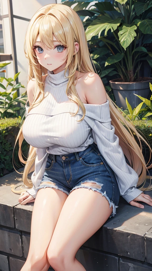 One woman,Big Breasts,Blonde Long Hair,White off-the-shoulder sweater(1.5),Denim shorts