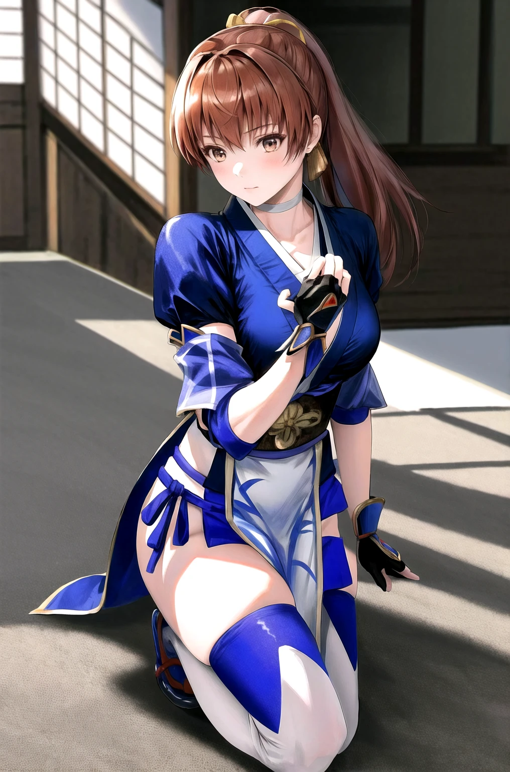 masterpiece, Highest quality, High resolution, One Girl, Kasumi, Blue kimono 、Knee-high socks、Long gloves