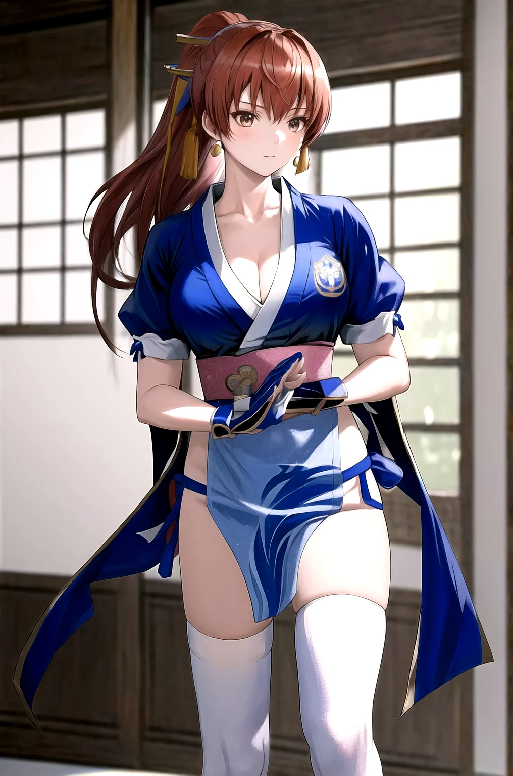 masterpiece, Highest quality, High resolution, One Girl, Kasumi, Blue kimono 、Knee-high socks、Long gloves