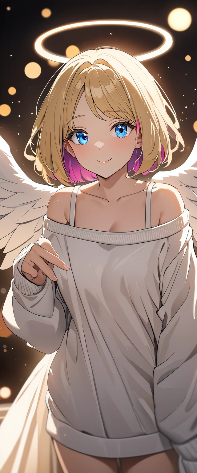 (((One girl))), (((cowboy shot))), ((flying)), ((angel, big big white wings:1.2, halo:1.3)), Uriel, ((wavy hair, outward curled hair)), evening, Sunset, ((blond hair, bob cut:1.3)), breasts, teenager, (looking at viewer), oversized clothes, puffy long sleeves, collarbone, ((off-shoulder sweater dress:1.3, Quite thick shoulder straps)), (((sleeves past wrists:1.3))), ((white sweater)), collarbone, head tilt:1.3, (((blue eye))), ((happy smile)), (((anime style))), (best quality, 4K, 8K, highres, masterpiece:1.2, ultra-detailed, ultra-detailed eyes, HDR, uhd, studio lighting, ultra-fine painting, sharp focus, physically-based rendering, extreme detail description, professional, vivid colors, bokeh), ((Highest quality, Best image quality, Ultra-high resolution, Ultra-high resolution, solo, Strong eye highlights)), Depth of written boundary, Natural soft light, attractive, Beautiful Face, Cleanliness, Pure Face, medium chest, Beautiful Face, Perfect Fingers, Perfect hands, Perfect body, Perfect Face, Shine a light into your eyes, Perfect Anatomy