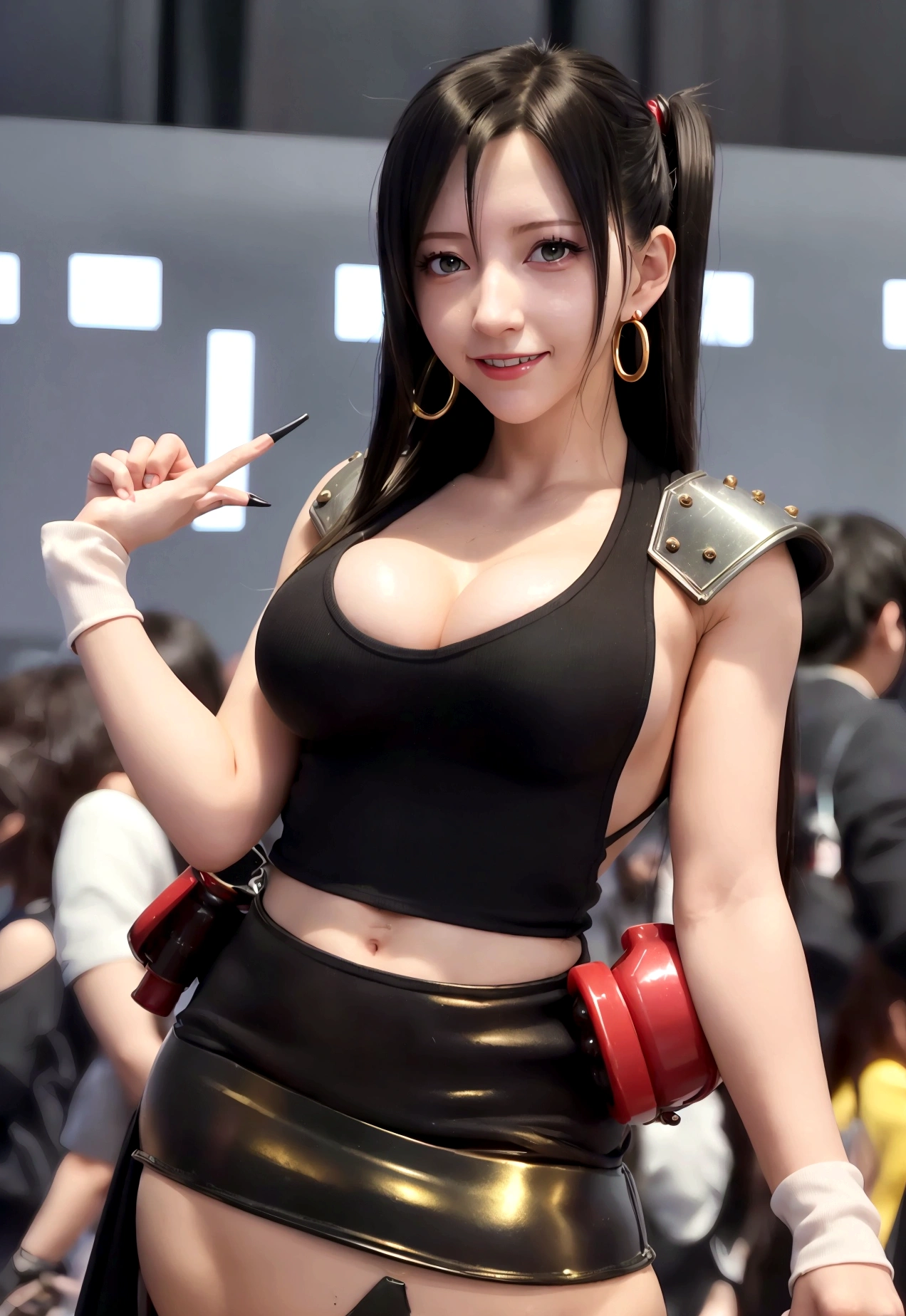 (1girl:1.3), (tifa lockhart (final fantasy vii):1.3), (cosplayer:1.2), (at comiket in tokyo:1.3), (cute:1.2), (mix of 2d and 3d:1.2), (3d model elements:1.1), (anime style:1.2), (highly detailed:1.3), (very aesthetic:1.2), (best quality:1.3), (amazing quality:1.3), (absurdres:1.2), (beautiful face:1.2), (perfect eyes:1.1), (perfect nose:1.1), (perfect mouth:1.1), (perfect skin:1.1), (perfect hair:1.2), (long hair:1.1), (black hair:1.1), (bangs:1.1), (tight clothes:1.1), (?????????????:1.1), (cleavage:1.1), (white tank top:1.2), (black mini skirt:1.2), (black shorts:1.1), (red gloves:1.1), (earrings:1.1), (dynamic pose:1.3), (smiling:1.1), (bright colors:1.1), (vibrant:1.1), (depth of field:1.2), (volumetric lighting:1.3), (lens flare:1.1), (bloom:1.1), (golden ratio:1.2), (8k:1.2), (uhd:1.2), (high quality:1.3), (raw photo:1.2), (photorealistic:1.2), (dslr:1.1), (Fujifilm XT3:1.1), (professional photoshoot:1.3), (professional makeup:1.2), (bustling tokyo big sight convention center interior:1.3), (comiket 100 signage:1.2), (crowds of cosplayers and attendees visible in background:1.2), (bright colorful banners and booths:1.1), (people holding anime goods:1.1), (detailed background:1.3)
