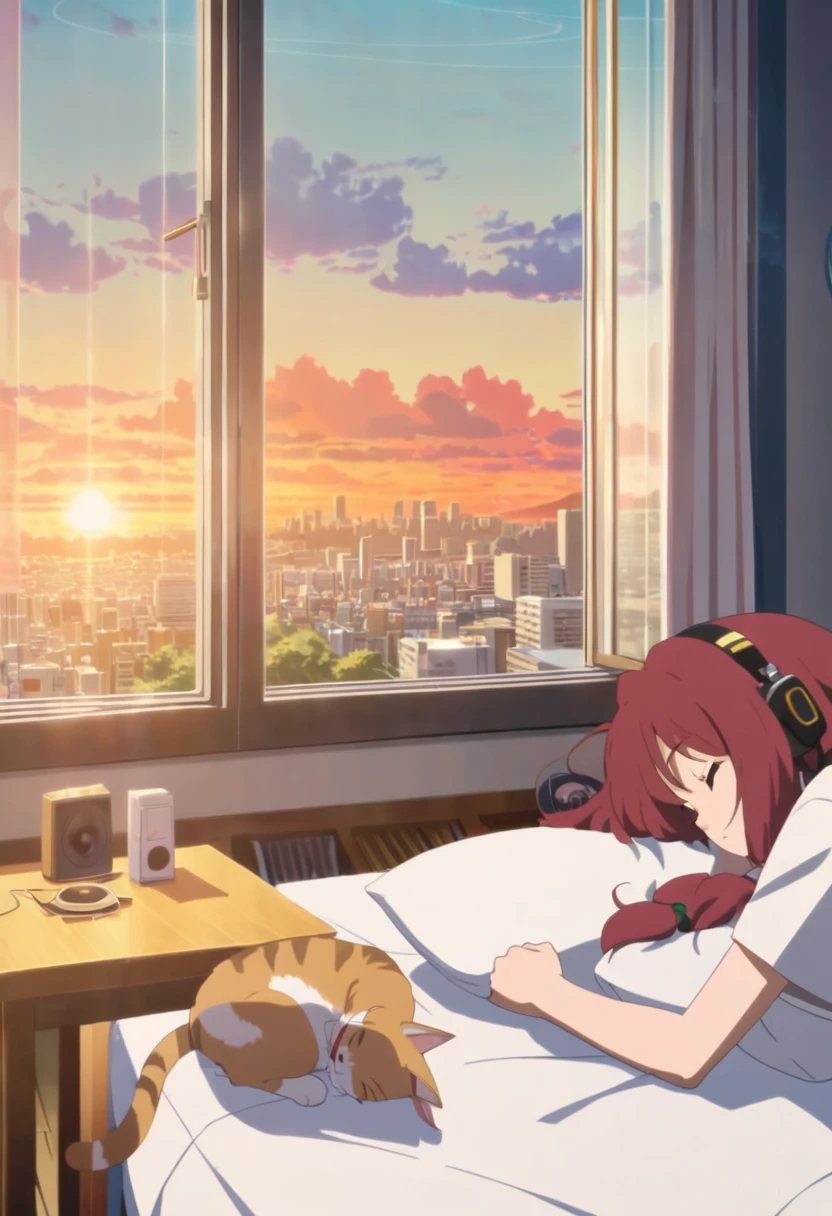 lofi,music,home,girl,headphone, cel anime,sunny,sunset,tokyo,Altocumulus,brownred hair,sleep,white bed,simple home,rolling cat