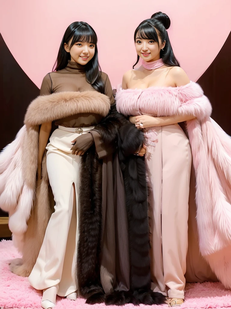 fluffyの毛皮。fluffy。((gorgeous))(smile)(((Pair of women、Pink feminine room、Harem、Beautiful black hair)))。((dress、Fluffy carpet))。Arms outstretched、Armpits。Photos of women wearing fur coats。Brown fur cape。Fisheye Lenultiple women。Black leather bondage))
