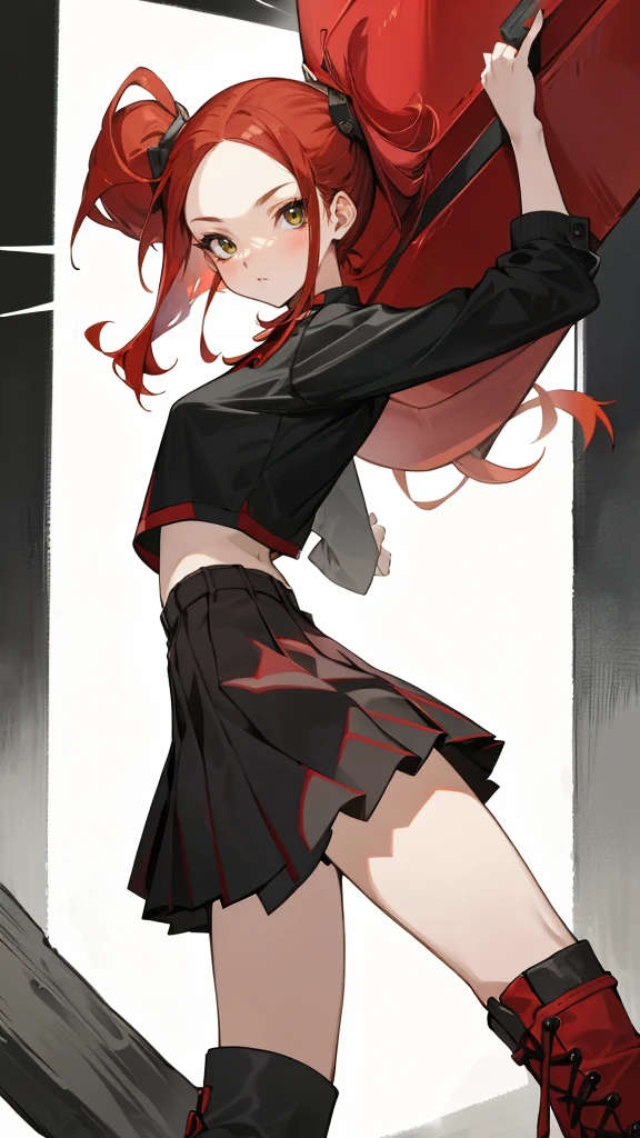 best quality, masterpiece, 4k, One woman, Red hair, long all-back hair, Forehead showing, all-back bangs, overconfident attitude, mean smile, smiling a little, cool vibes,
rock fashion, pleated skirt, long boots