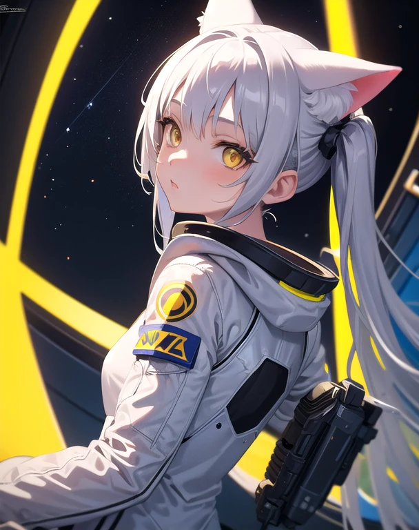 masterpiece, Highest quality, One girl, Inside the spaceship, Spacesuit, Upper Body, From the side, sf, Yellow Eyes, Twin tails, Silver Hair, Cat ear, View your viewers,
