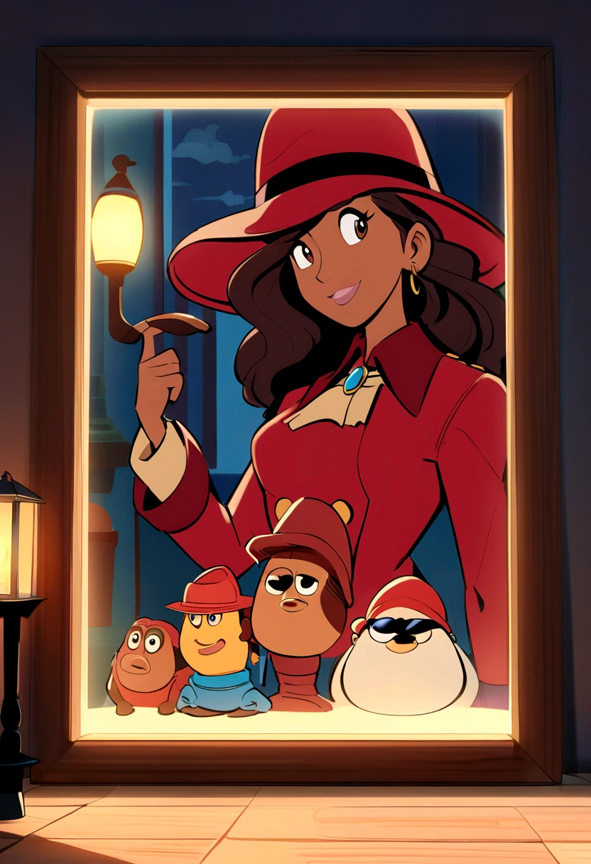 Disney Pixar poster of a black woman with brown wavy hair wearing a burgundy hat. (Carmen Sandiego style). She&#39;s inside the frame/ wooden frame. Outdoor lighting and lamps. Disney Pixar