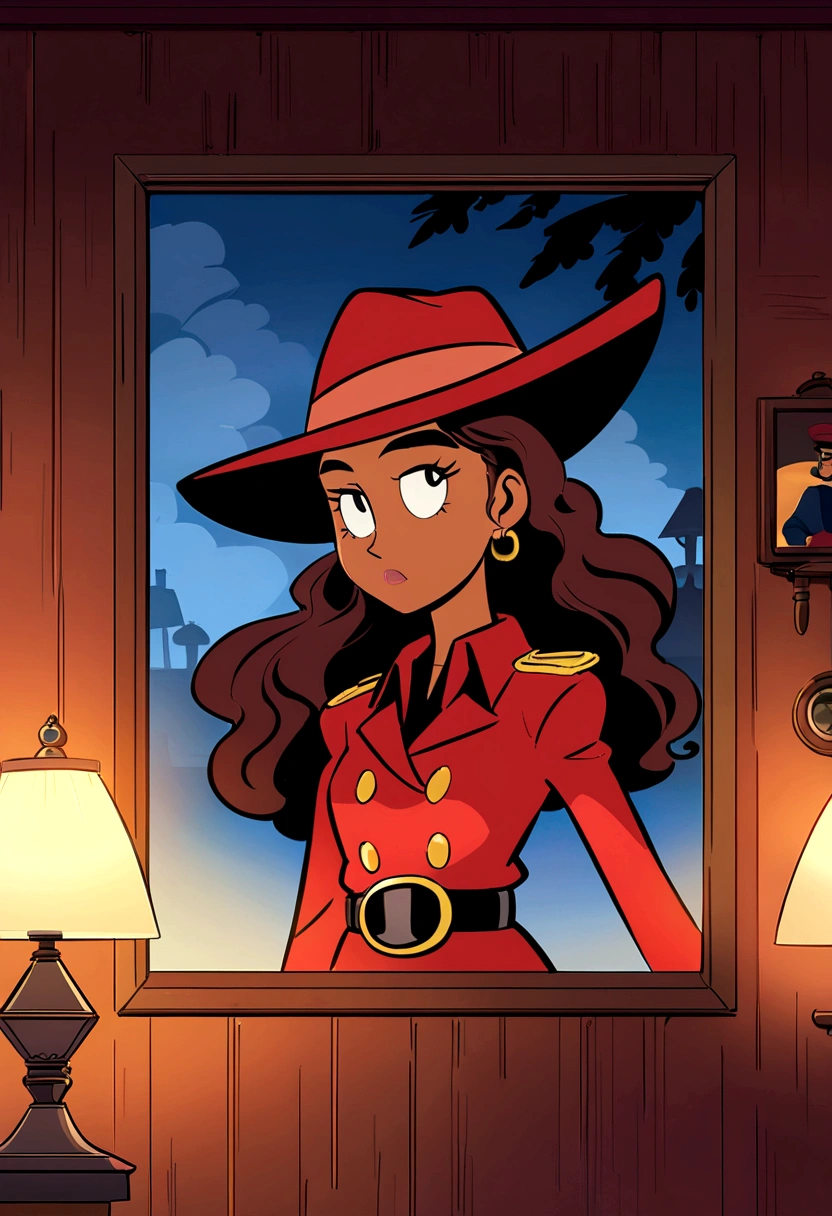 Disney Pixar poster of a black woman with brown wavy hair wearing a burgundy hat. (Carmen Sandiego style). She's inside the frame/ wooden frame. Outdoor lighting and lamps. Disney Pixar