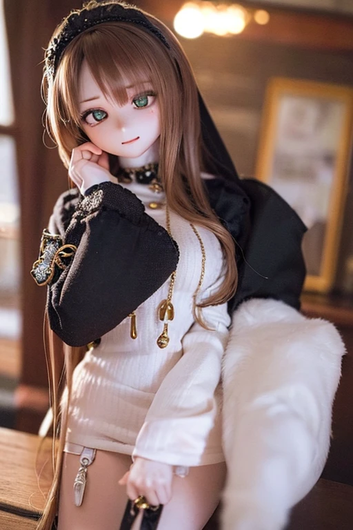 photorealistic, realistic photo, ((highest quality)), ((masterpiece)), (extremely detailed), kukolnydom, doll, (mature woman:1.6), solo, ((cowboy shot)), dynamic pose, brown hair, green eyes, (looking down, blank eyes, empty eyes, detailed eyes:1.3), light smile, china dress, chinese room, 8k