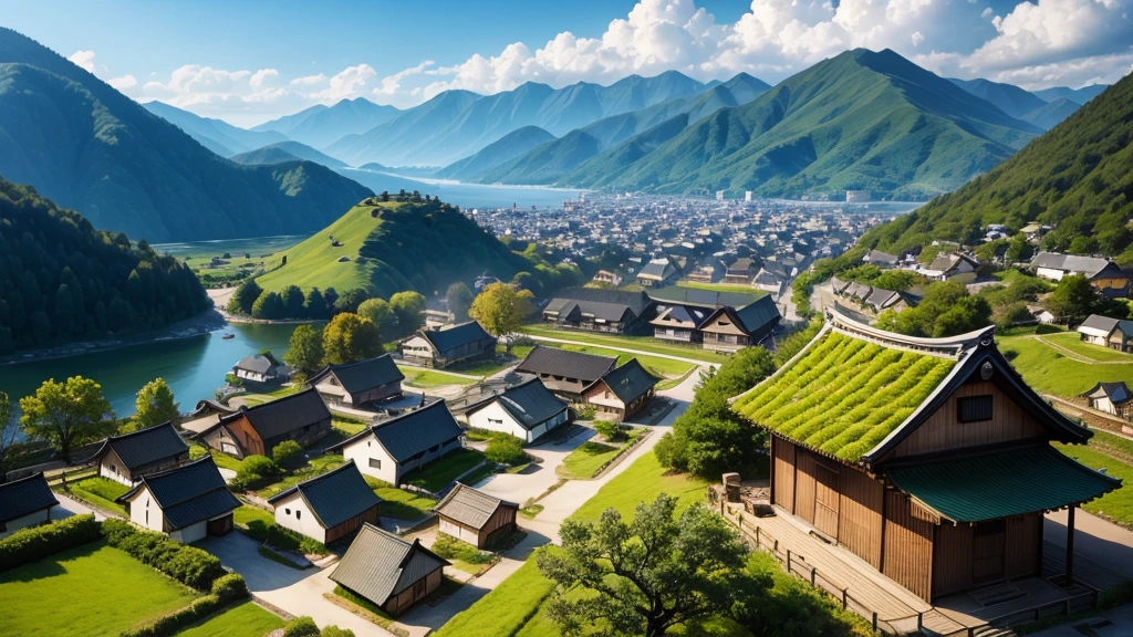 Beautiful Japanese village scene. Aerial view, Photorealistic photos, High definition, 8K