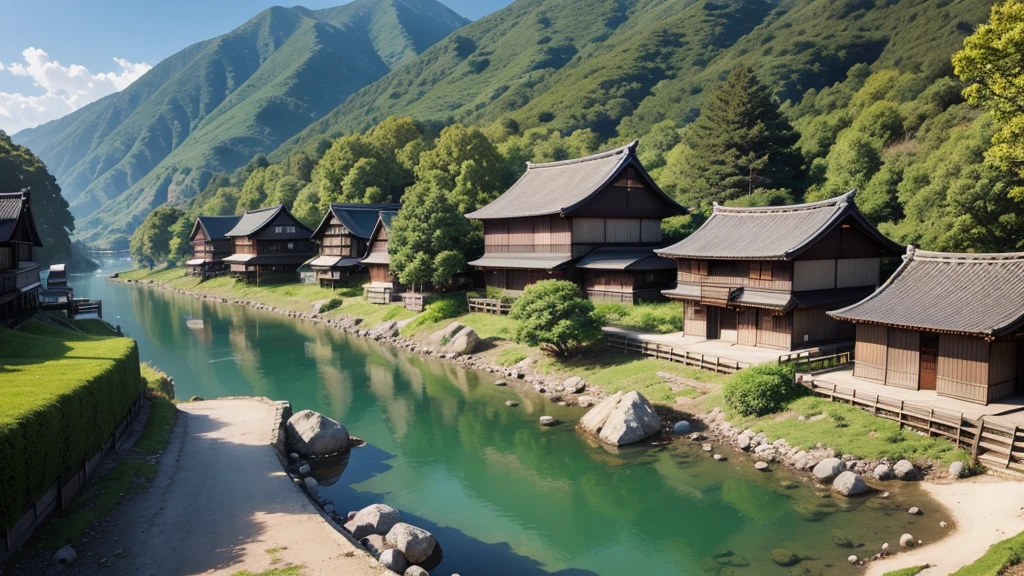 Beautiful Japanese village scene. Aerial view, Photorealistic photos, High definition, 8K