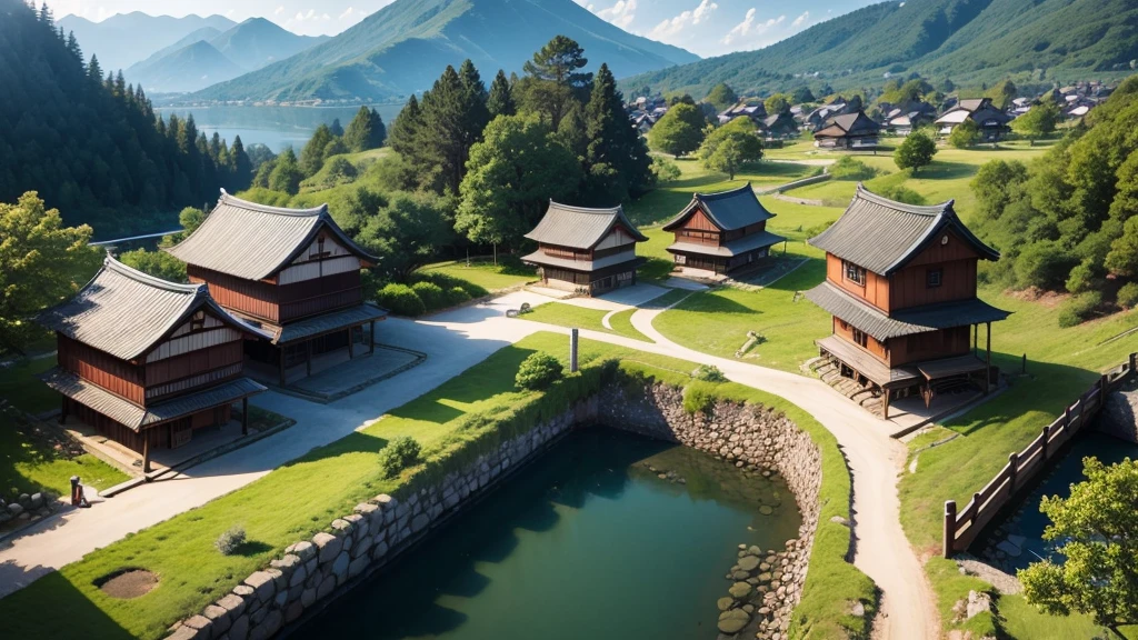 Beautiful Japanese village scene. Aerial view, Photorealistic photos, High definition, 8K