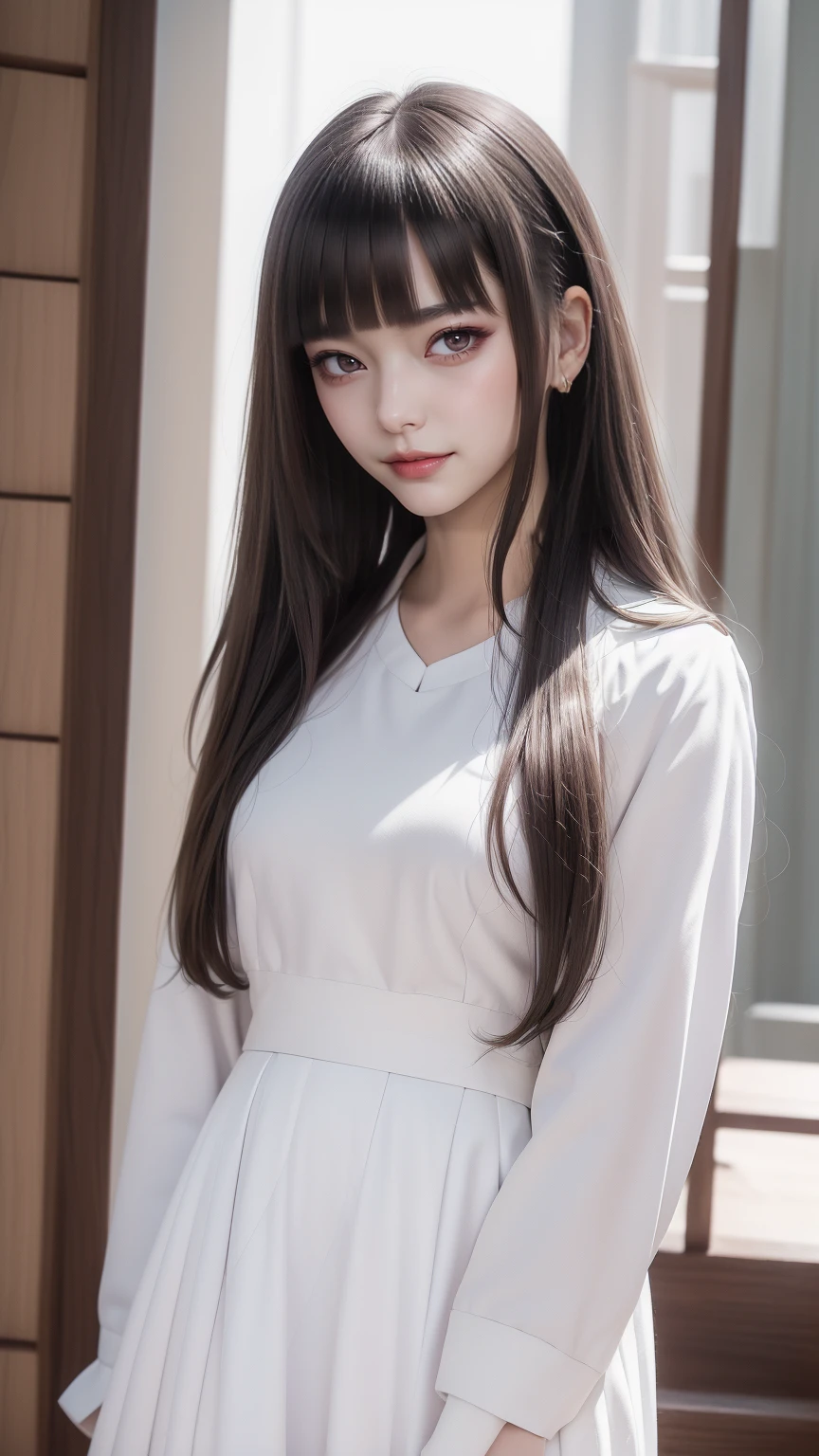 ((Straight bangs、Princess Bang)),((Very heavy、Voluminous bangs:1.1)),((very long、Very heavy、Very voluminous side locks:1. 1))、Hime cut、Straight bangs、Round face ugly bangs、Ugly long bangs、Bangs straight、(Masterpiece、highest quality:1. 5)、(Ultra Fine 8K CG:1.4)、(ハイパーReal:1.25)、(フォトReal:1.25)、(Real:1.4)、(View Top:1.35)、(from the front:1.4)、(Smile 1. 3)、1 Japan Beautiful Girl、19 years old、Supermodel、Japanese Idols、(smile)、(Girls' school uniform)、 ((White jacket with emblem on chest))、((White blouse))、((Navy checked flared skirt:1.1))、 ((High school girl standing in front of the stairs:1.4))、