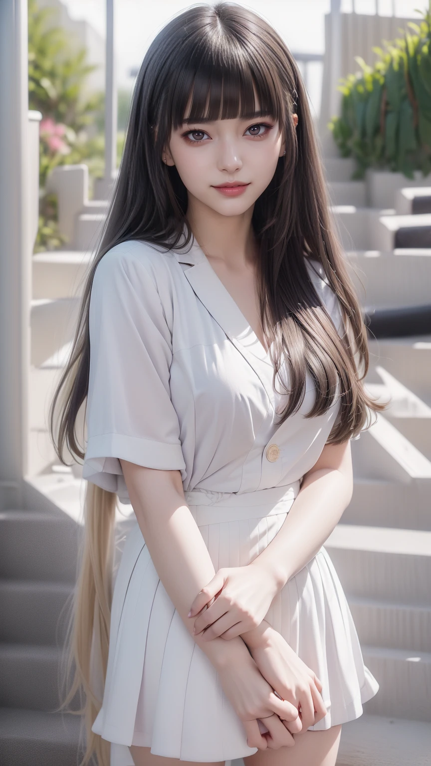 ((Straight bangs、Princess Bang)),((Very heavy、Voluminous bangs:1.1)),((very long、Very heavy、Very voluminous side locks:1. 1))、Hime cut、Straight bangs、Round face ugly bangs、Ugly long bangs、Bangs straight、(Masterpiece、highest quality:1. 5)、(Ultra Fine 8K CG:1.4)、(ハイパーReal:1.25)、(フォトReal:1.25)、(Real:1.4)、(View Top:1.35)、(from the front:1.4)、(Smile 1. 3)、1 Japan Beautiful Girl、19 years old、Supermodel、Japanese Idols、(smile)、(Girls' school uniform)、 ((White jacket with emblem on chest))、((White blouse))、((Navy checked flared skirt:1.1))、 ((High school girl standing in front of the stairs:1.4))、