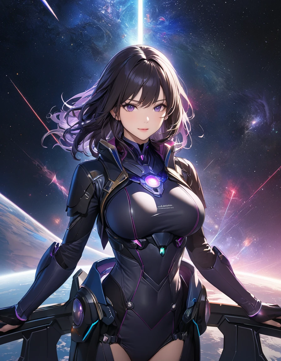 Beautiful mature woman,(High resolution,8k wallpaper,masterpiece,Highest quality,Depth of region,Anatomically accurate depiction),((女性universe飛行士:1.5)),(universe服),(Purple eyes,Large Breasts,),background:universe,(universe船の爆発,beam,laser),cockpit,(((universe戦争)))