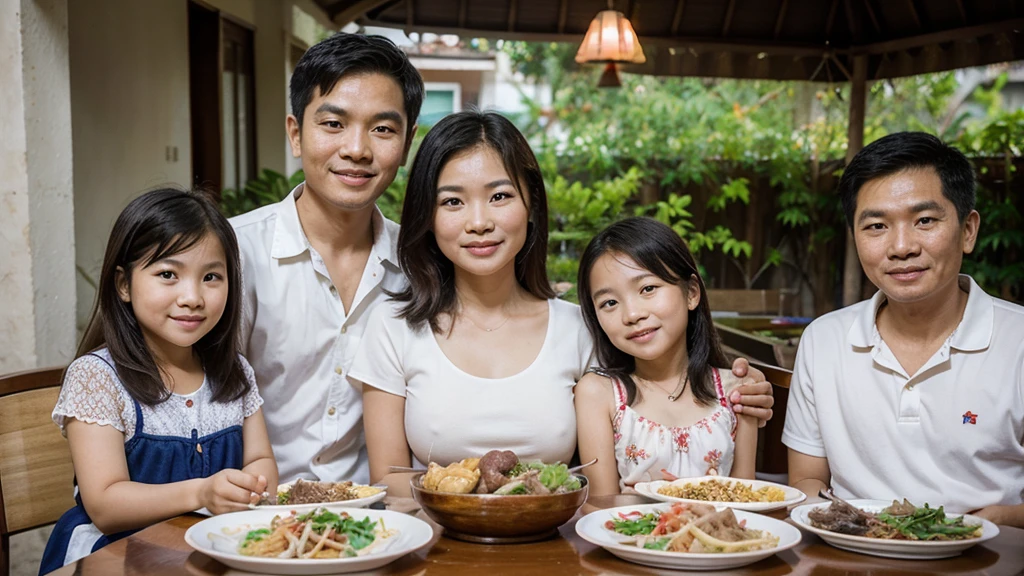 Family meal of a Vietnamese couple and their children, each person's face is radiant and authentic, 16k, 32k,
