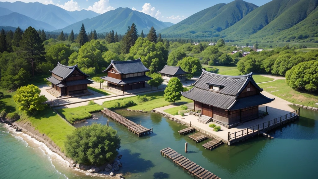 Beautiful Japanese village scene. Aerial view, Photorealistic photos, High definition, 8K