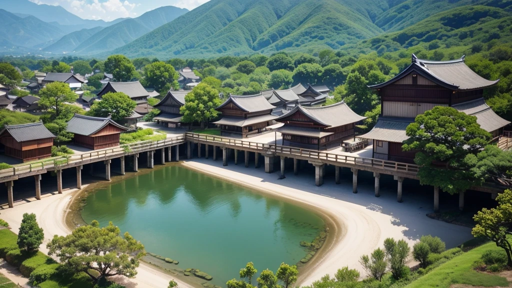 Beautiful Japanese village scene. Aerial view, Photorealistic photos, High definition, 8K
