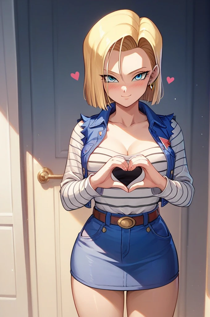 Masterpiece, best quality,dress official art, dragon ball,android 18,mini skirt, nsfw ,1 girl,heart hands, shy smile, blush,