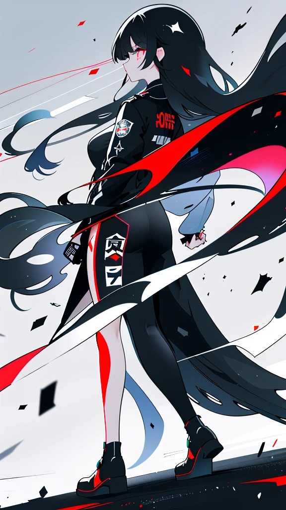 Long black hair,1girl,Very long hair, neon eyes, The wind is blowing, ((central)), ((Wide Shot)), face to face
