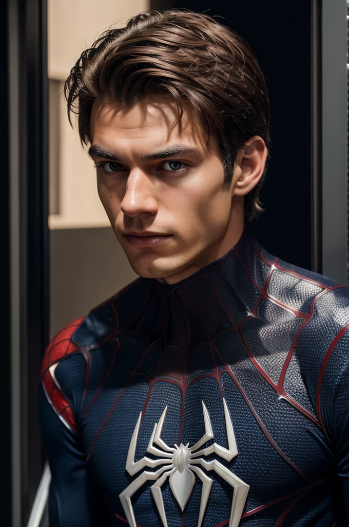 A photograph of spider man, no mask, 20 yo, handsome, detailed face, looking at camera, portrait, 8k uhd, high quality