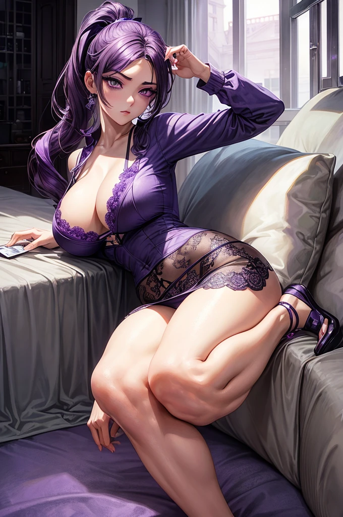 Masterpiece, Solo, Slender face, Long eyelashes, elongated, (violet eye: 1.3), (Purple hair: 1.2), Large cleavage, Slim, Angled from the side, (Hyponytail: 1.3), Wearing a big white T-shirt, Full body, Light blue lace light lingerie, Embarrassing, Apartment, Nipples, Roll up shirt to chest
