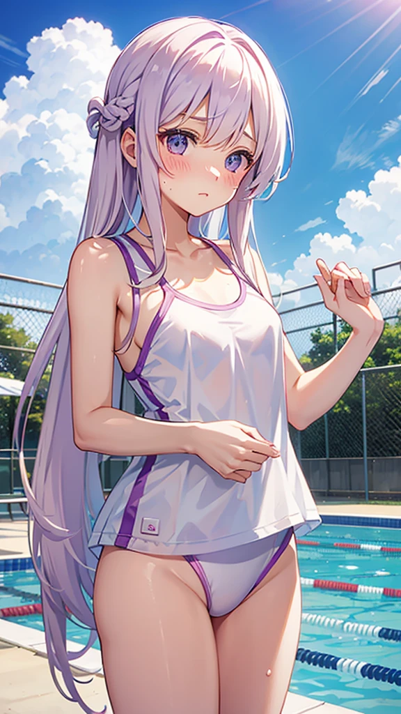White competitive swimsuit　Purple long hair　Great style　blush　Embarrassed　School swimming pool
