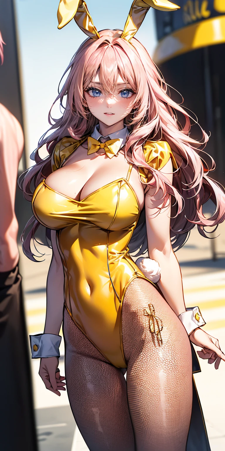 ((Highest quality,,masterpiece:1.3)), Sharp focus:1.2,Pretty woman with perfect figure:1.4,(((((Big cleavage))),(Incredibly large breasts:1.5),Straight hair、Hair blowing in the wind(Big Hips),smile,Thin abdominal muscles:1.2,((Pink Hair:1.4)),Highly deしっぽed face and skin texture,Tail Eye,double eyelid、/ (Wear a white top over a black Playboy_Bunny Leotard:1.3), (Top and bottom separated clothing:1.2), (Short sleeve:1.1), ((Yellow Bunny Girl Costume:1.8)), (Black fishnet stockings:1.2), High heels, ((Rabbit's Tail:1.2, Bunny ears)), (Handsome Short Hair:1.3)