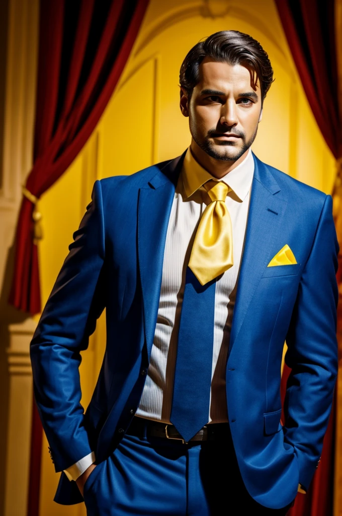 A man in a suit that is in a opera. Blue, yellow and red colors.