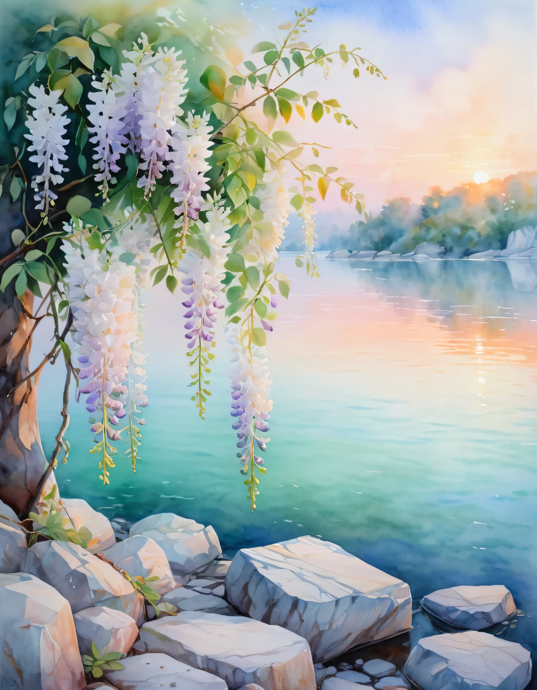 delicate white blooming wisteria on the shore, mint lake with waves, white granite stones, Pastel shades, peach sunset, fog, Stepan Kolesnikov, watercolor, glow