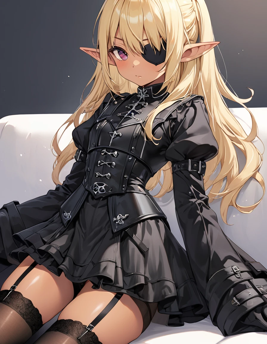 BREAK Perfect Anatomy、(High resolution:1.2)、Incredible illustrations、(Cute illustrations:1.2)、(Beautiful background)(Beautiful background,(on the couch))1gial((blonde hair,shiny hair,hair intakes:1.8,wavy long hair)(cockslut) (Black coat,Gothic combat uniform,,garter stockings,pointy ears,tan:1.7),eyepatch:1.8,) ),(a girl, 1.5meters, 40kg),,17-year-old,flat chest))