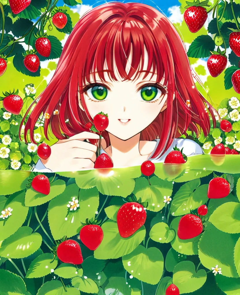 "Create an anime-style artwork of a girl with red hair and striking green eyes in a strawberry garden. Her eyes should be detailed and high-quality, reflecting the vibrant hues of ripe strawberries around her. The background should showcase rows of lush green plants with juicy red strawberries, under a sunny sky dappled with soft clouds. The girl's expression should convey joy and fascination as she interacts with the strawberries, capturing a moment of serene happiness in the garden."
