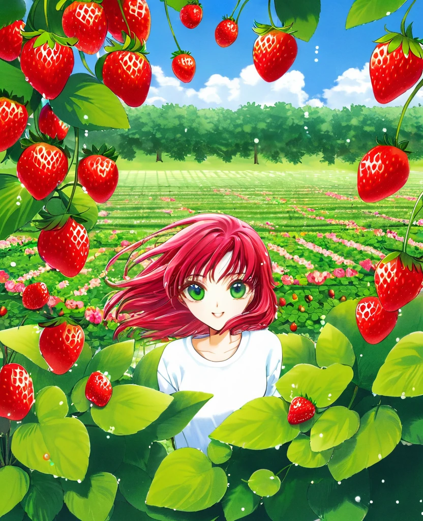 "Create an anime-style artwork of a girl with red hair and striking green eyes in a strawberry garden. Her eyes should be detailed and high-quality, reflecting the vibrant hues of ripe strawberries around her. The background should showcase rows of lush green plants with juicy red strawberries, under a sunny sky dappled with soft clouds. The girl's expression should convey joy and fascination as she interacts with the strawberries, capturing a moment of serene happiness in the garden."